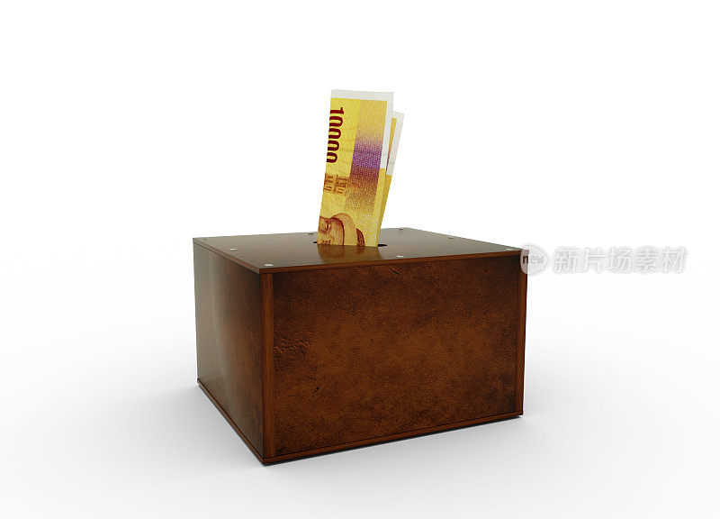 Comorian franc notes inside wooden savings box. Generic savings Bank, Penny Bank, Money Box. 3d rendering